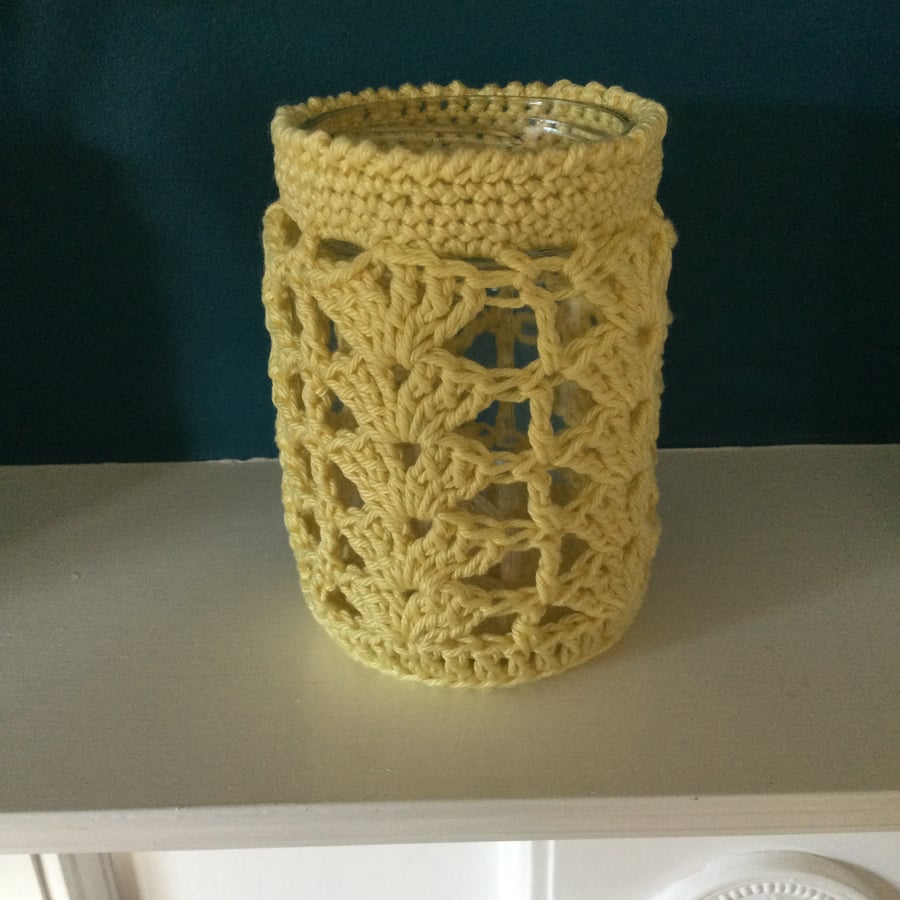 Crocheted Cotton Covered Glass Jar 