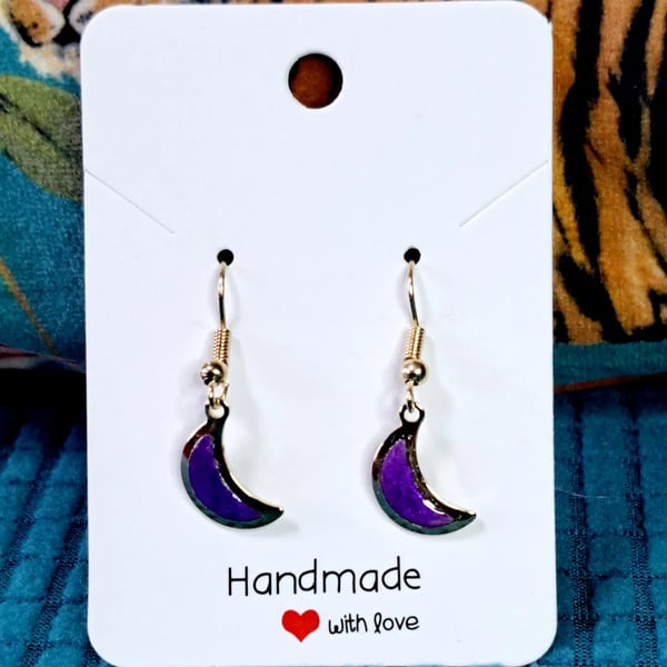 Purple Resin Moon Earrings in Gold