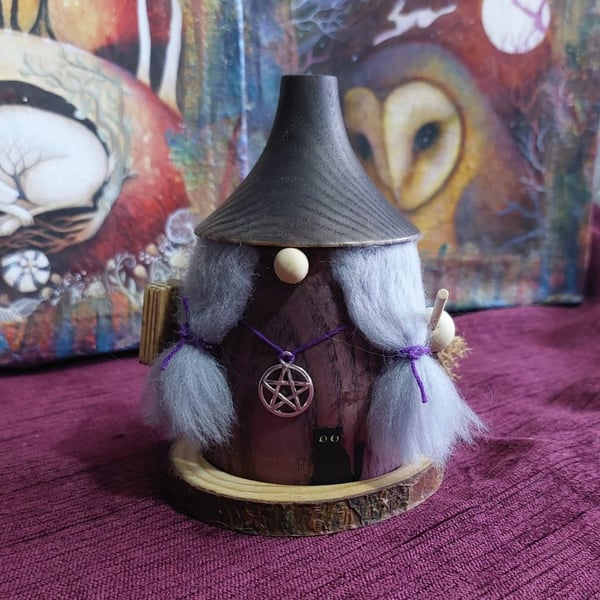 Artisan Handcrafted Wood turned Witch Gonk Incense Burner. Halloween