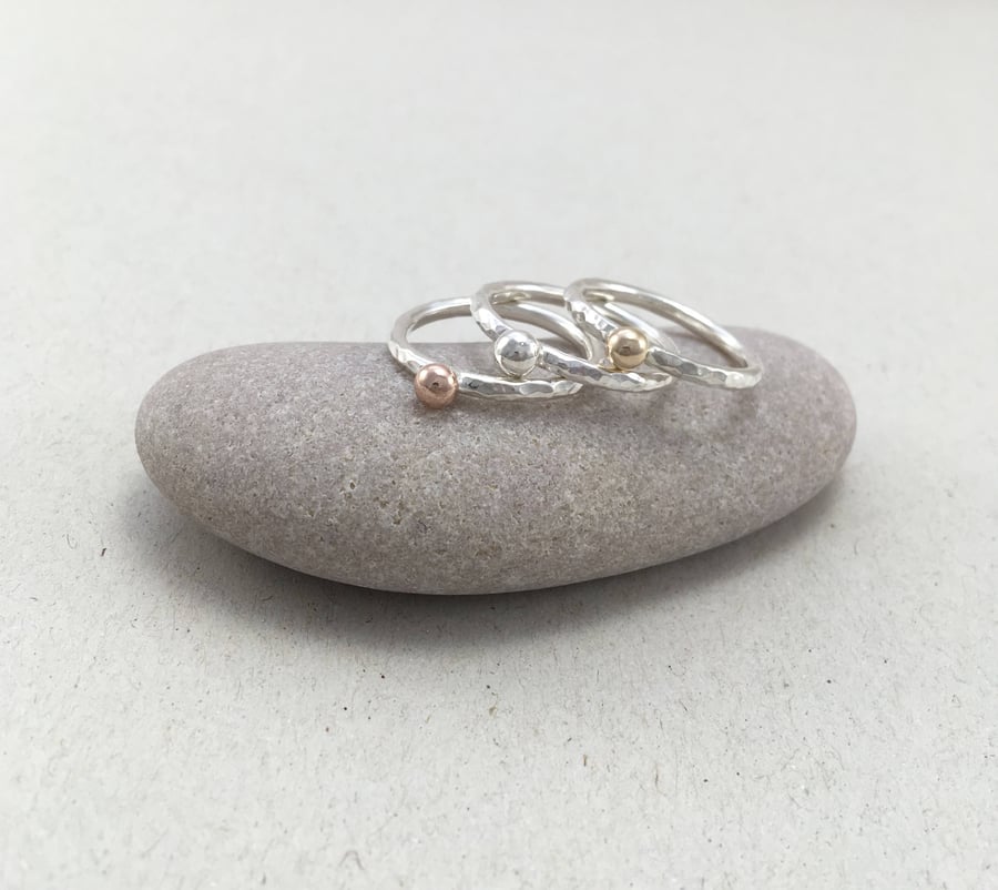 Set of Three Gold and Silver Pebble Stacking Rings