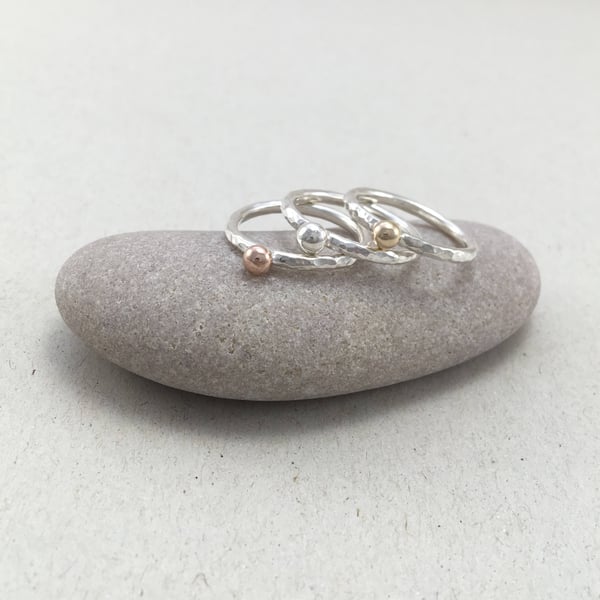 Set of Three Gold and Silver Pebble Stacking Rings