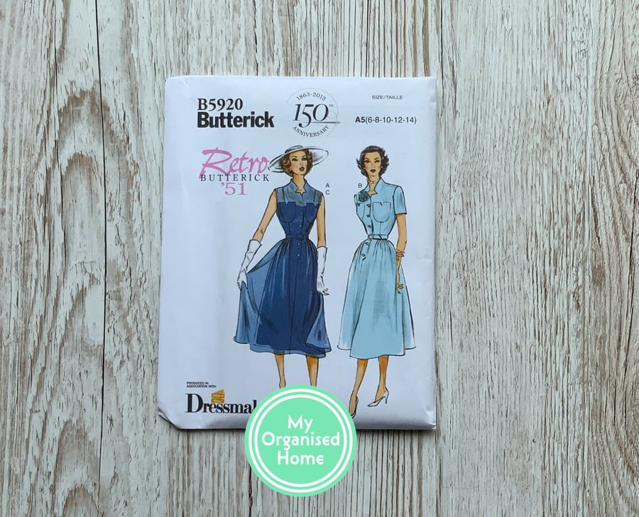 Butterick 5920 sewing pattern, sizes 6-14, misses dresses