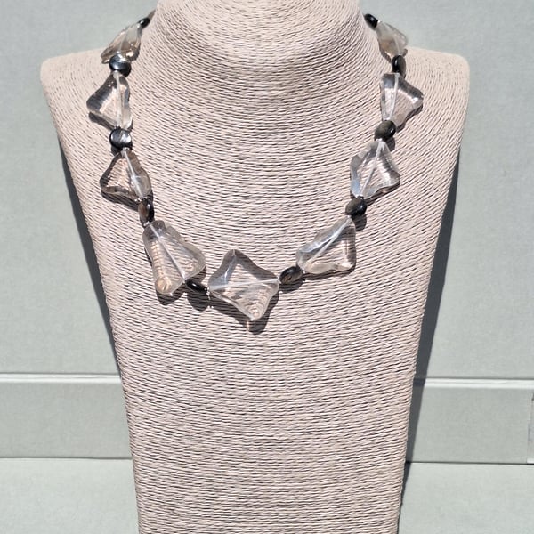 Handmade Smokey Quartz and Mica Bead Necklace Elegant Protection & Energy.Silver