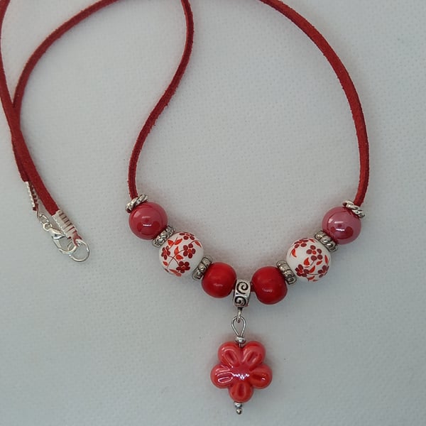 Red Ceramic Flower Necklace