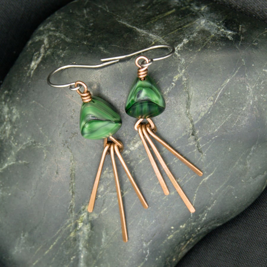 Hammered Copper Dangle Earrings with Green Marbled Glass Beads