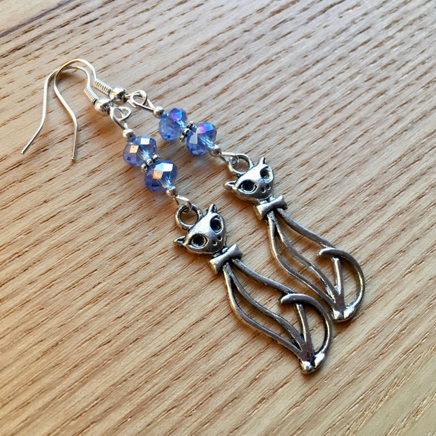 Blue Kitty Cat Charm Earrings, Gift for Her, Cat Lady Present