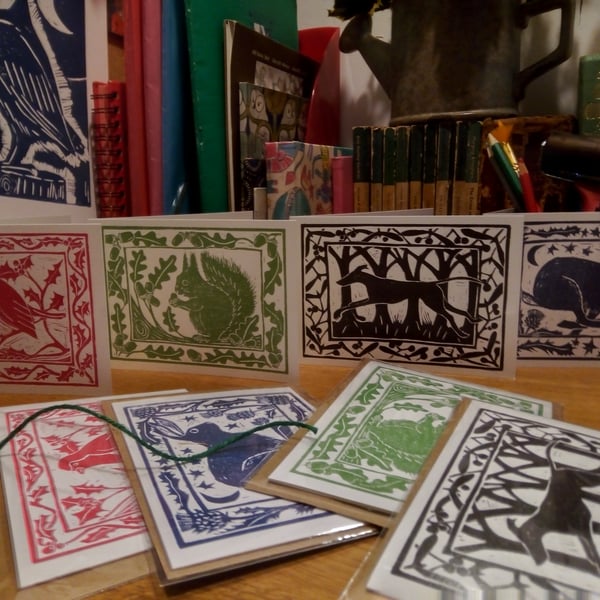 Set of four cards inspired by British wildlife and based on original linoprints