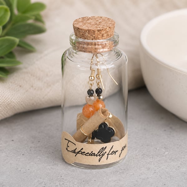 Orange Jade  and Lucky Clover Earrings in a Message Bottle.