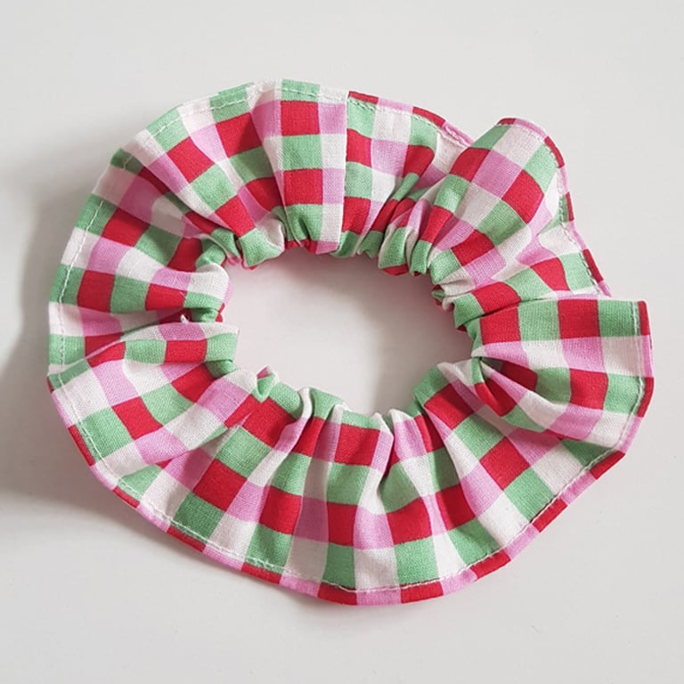 Red Green Gingham Cotton Scrunchie - Handmade Hair Tie