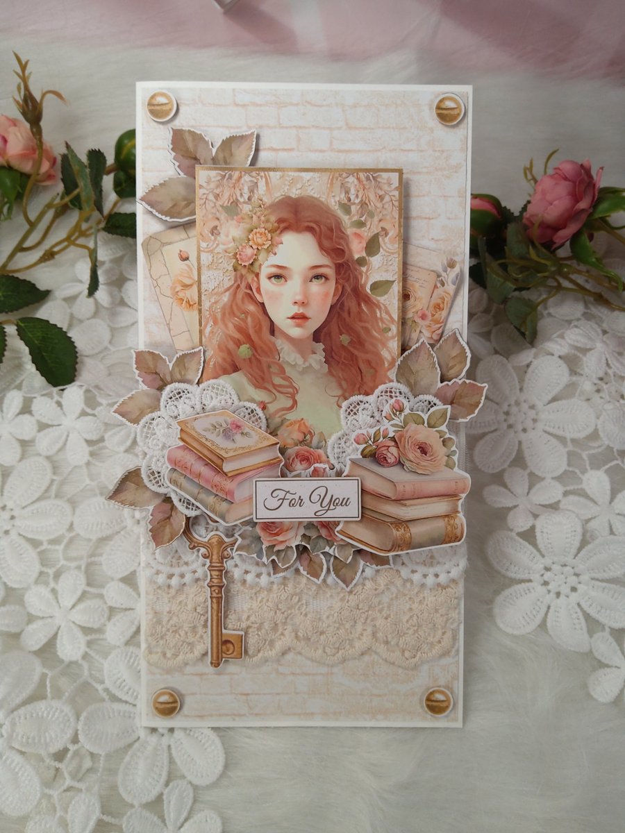 Handmade Feminine Card - Vintage Floral Design. Elegant Card for Her. (206). 