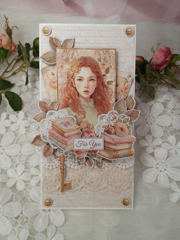 Handmade Feminine Card - Vintage Floral Design. Elegant Card for Her. (206). 