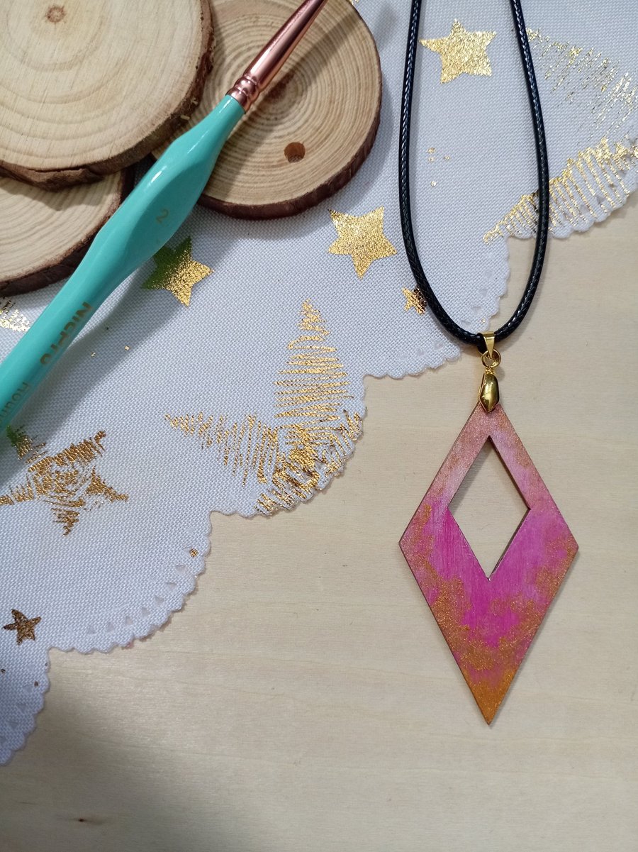 Pretty in pink hand painted diamond wooden necklace 