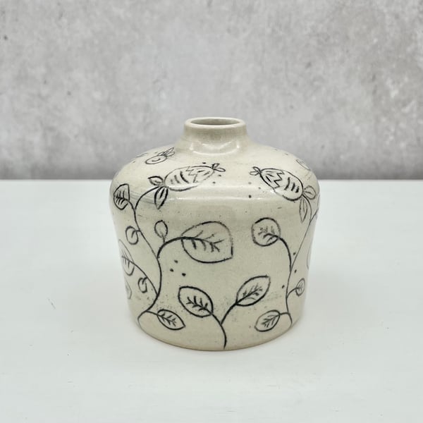 Flower Bud Vase Pretty Abstract Flowers & Leaves - Handmade Pottery V02