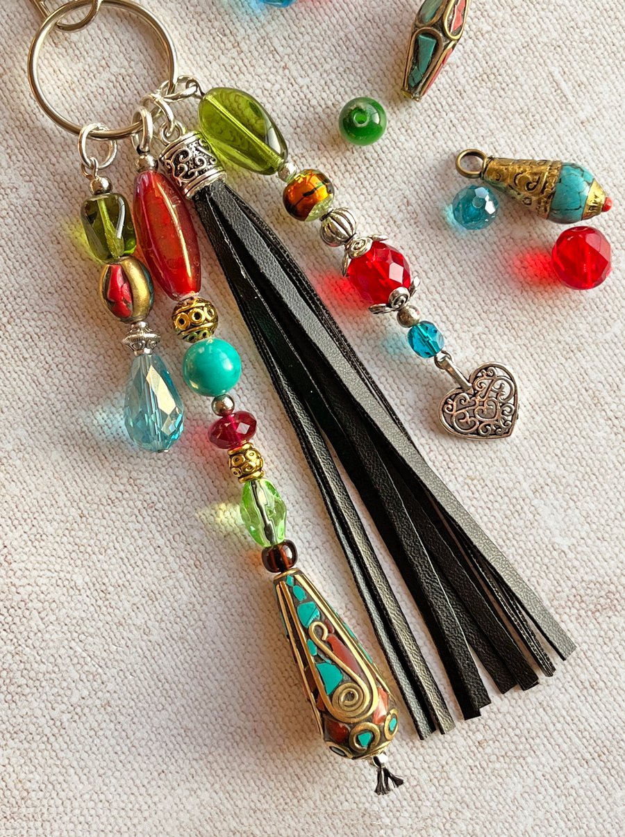 Boho bag charm, bead and tassel bag charm, Tibetan beads