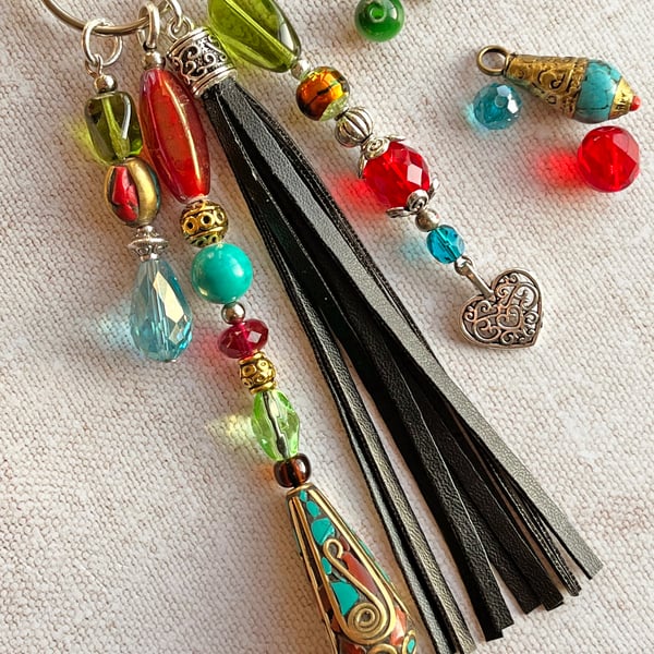 Boho bag charm, bead and tassel bag charm, Tibetan beads