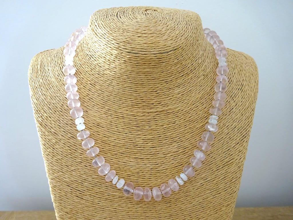 Rose quartz and rainbow moonstone knotted necklace