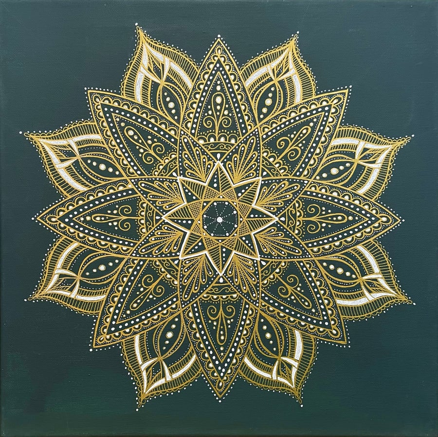 Large Mandala in Gold and White on Dark Green