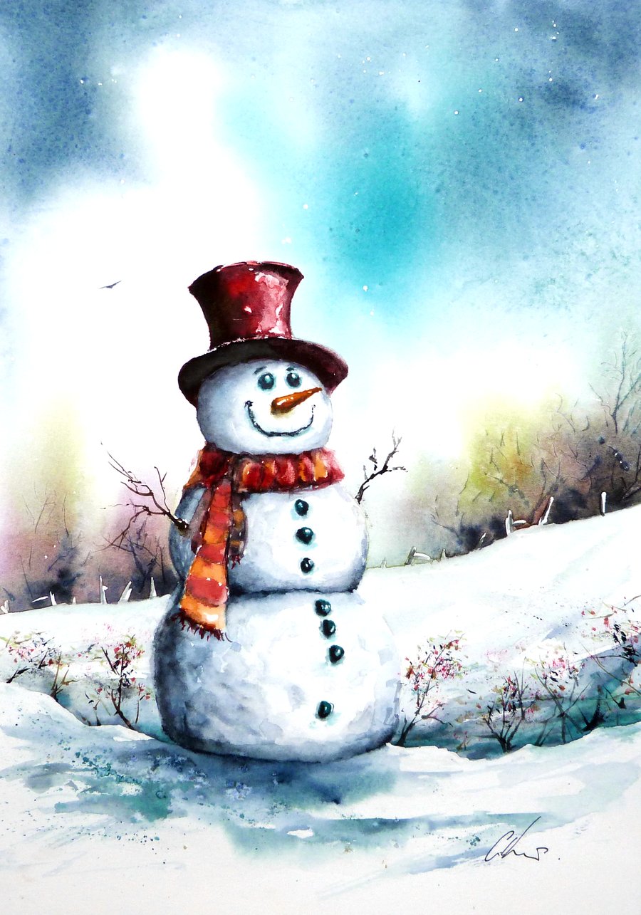 Snowman, Original Watercolour Painting.