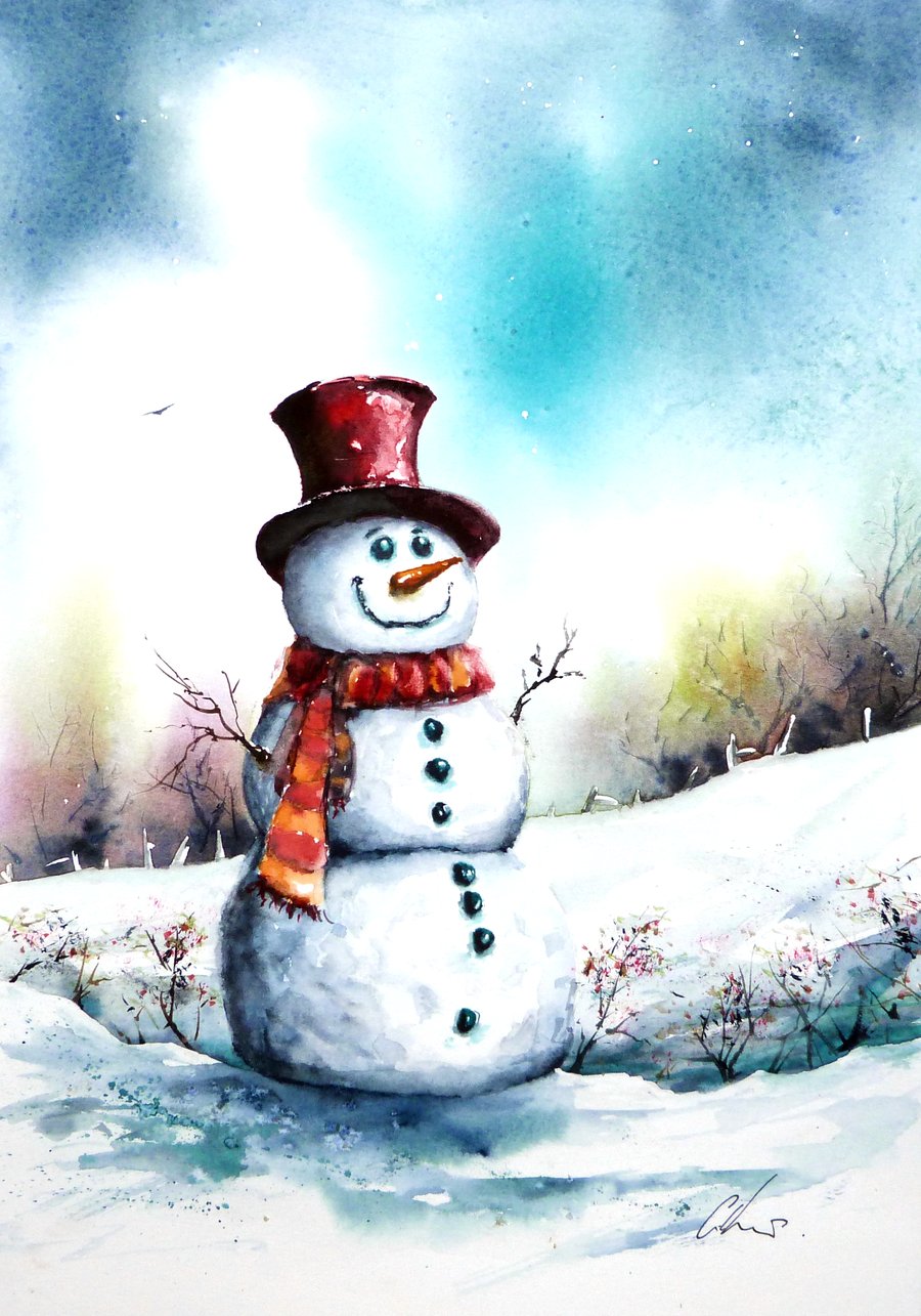 Snowman, Original Watercolour Painting.