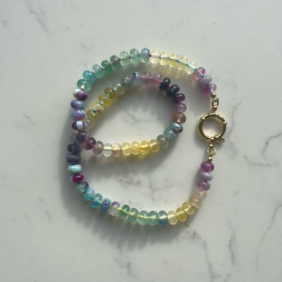 Fluorite & Banded Agate Hand Knotted Beaded Gemstone Necklace