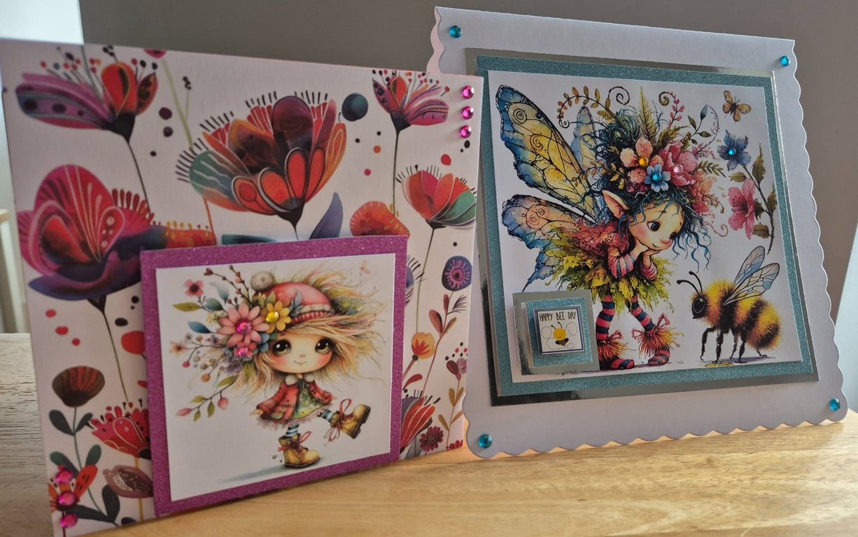 Handmade Cute Fairy and Girl Greeting Card Bundle