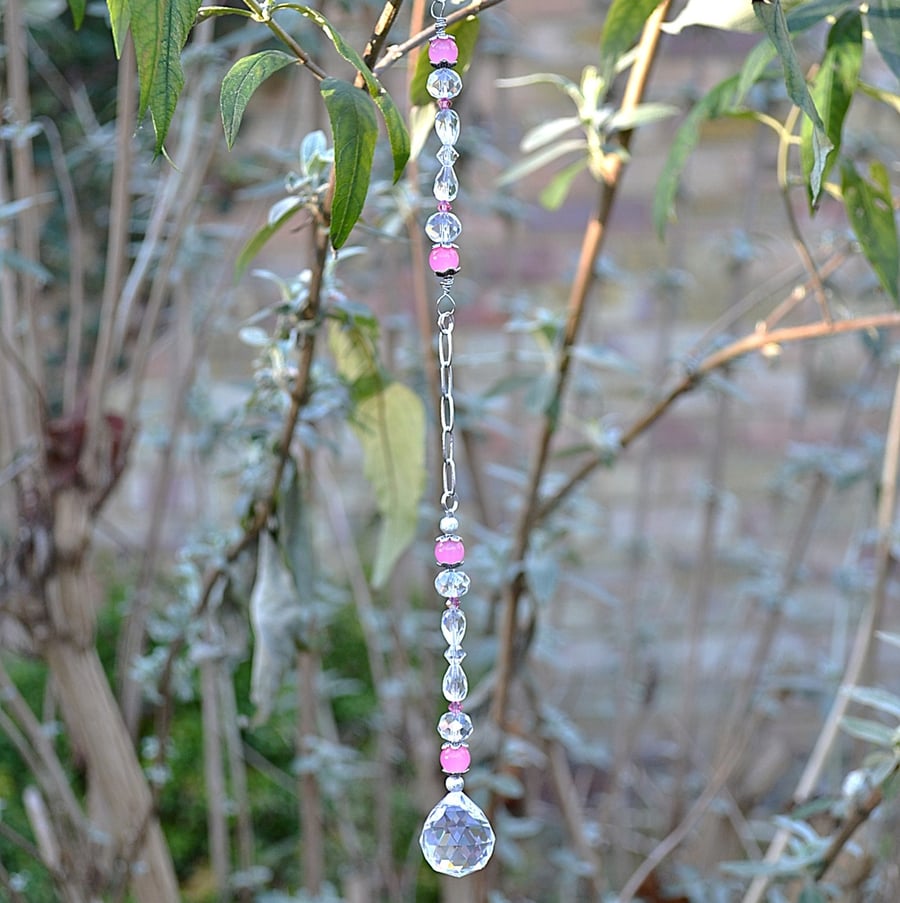 Suncatcher – Pink, Clear, and Silver, with Chain and Crystal Drop