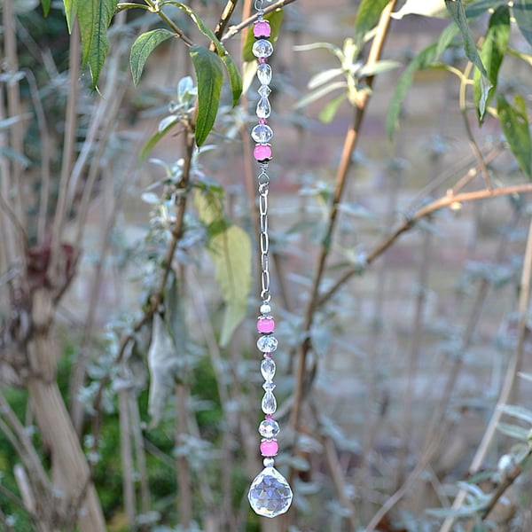 Suncatcher – Pink, Clear, and Silver, with Chain and Crystal Drop