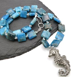 pewter seahorse and apatite gemstone necklace