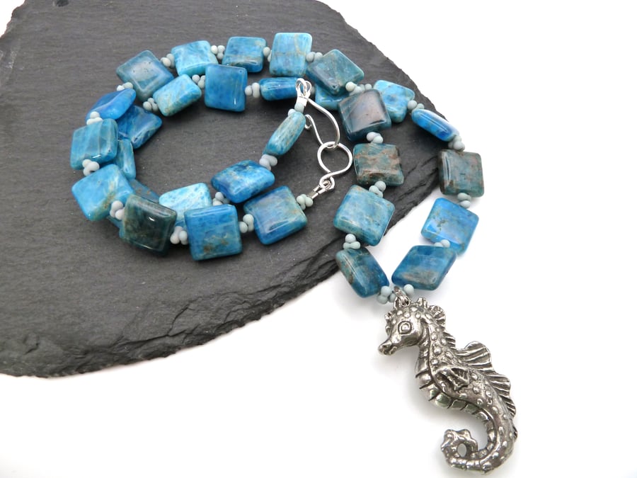 pewter seahorse and apatite gemstone necklace