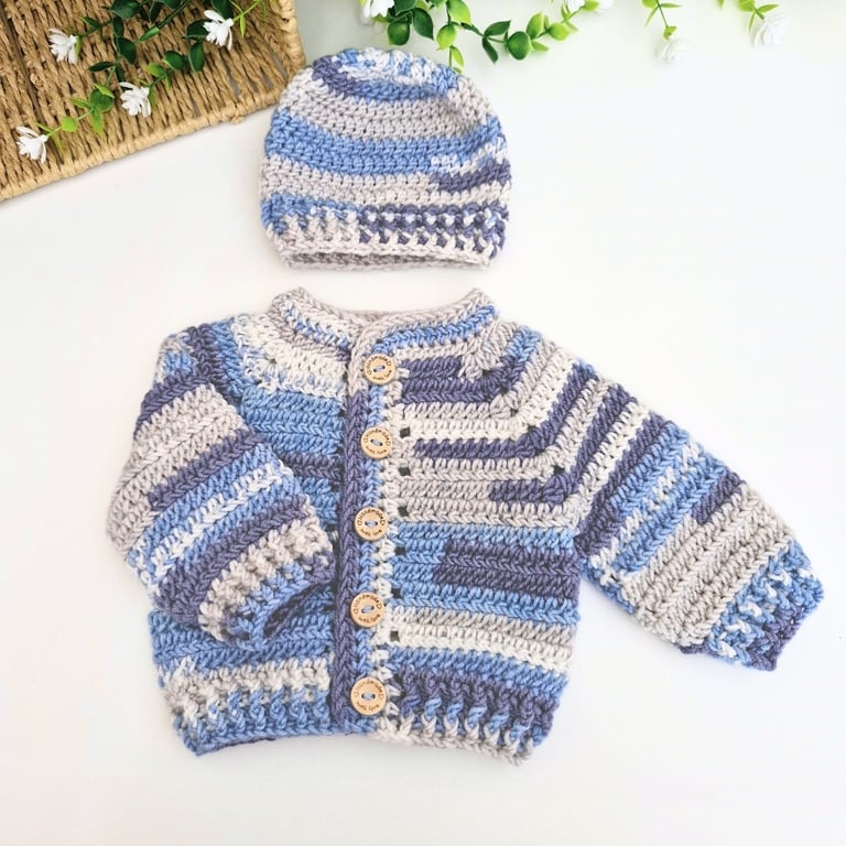 Newborn Crochet Baby Hat & Cardigan Set - Blue and Silver 