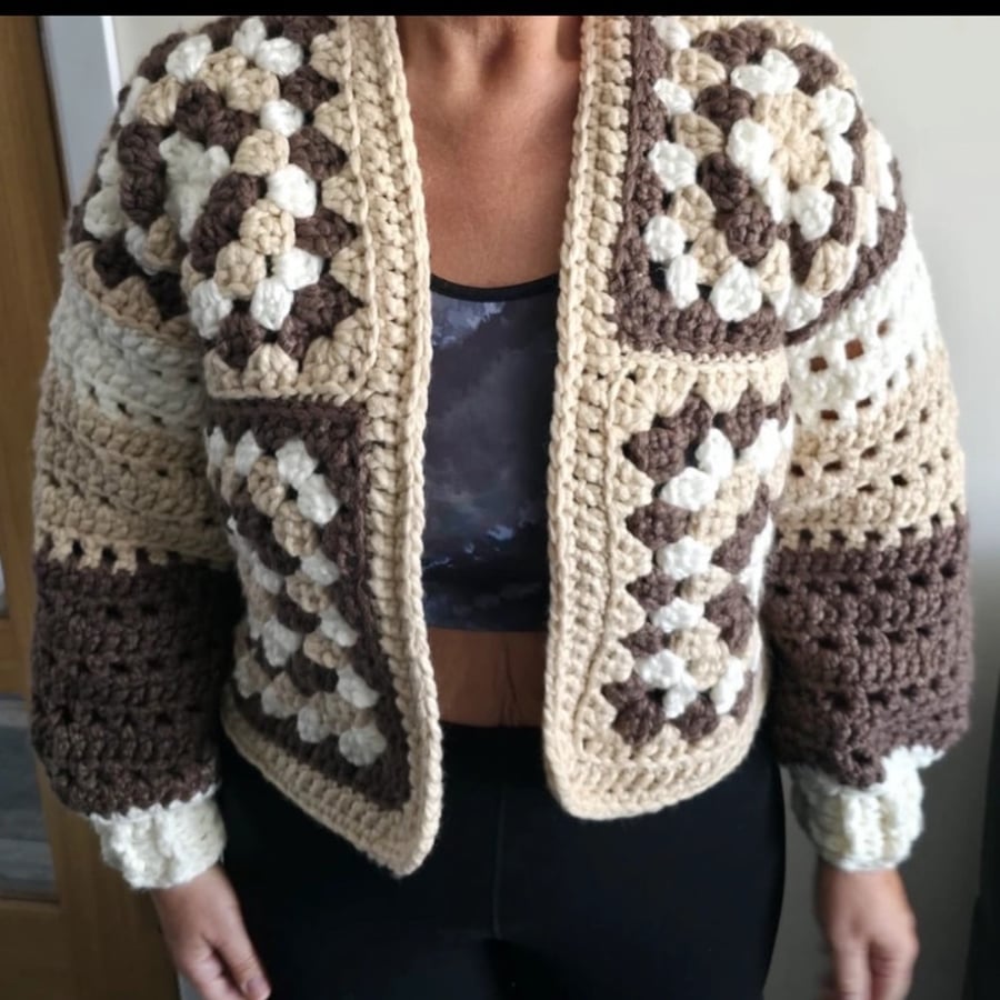 Bespoke Granny Square Crochet Cardigan — Neutral Brown, Cream & Beige, Handmade 