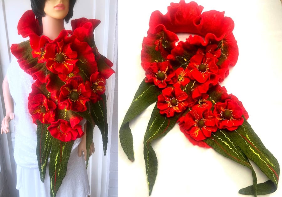 Hand Felted, Wool felted soft ART  SCARF  on silk