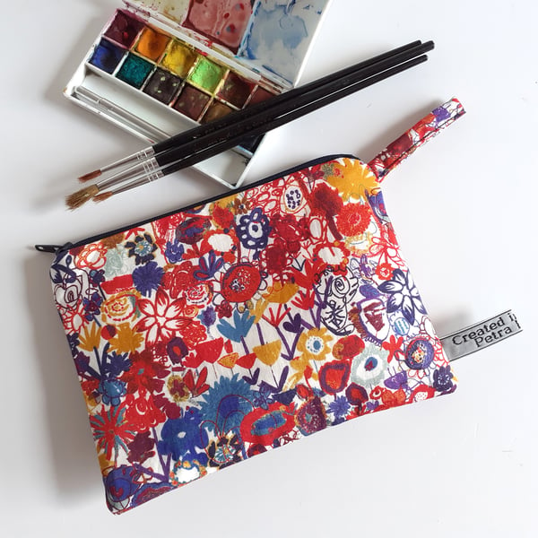 Liberty fabric makeup bag or purse with doodles and hand drawn design