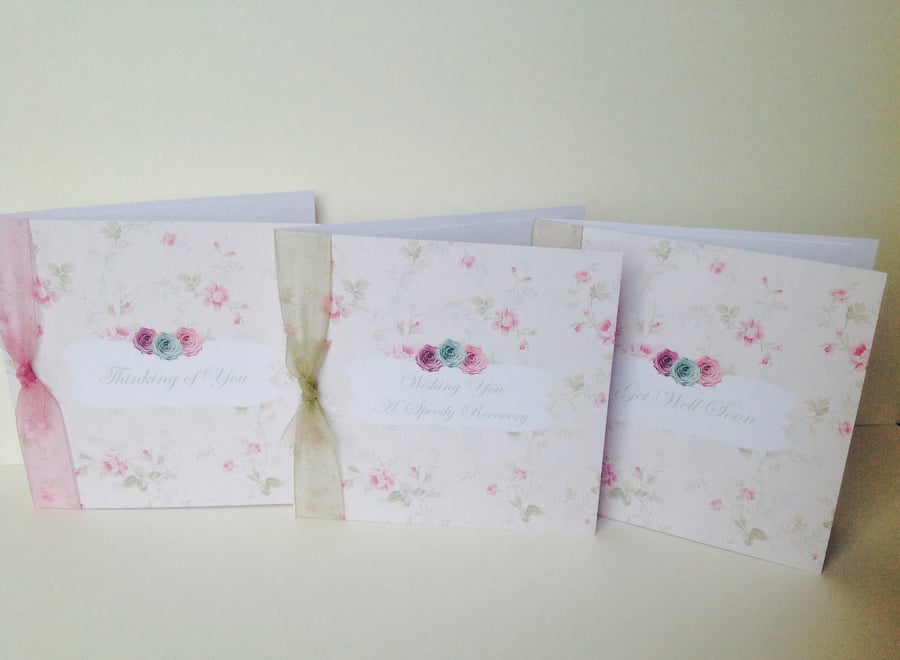 Greeting Card Pk of 3'Vintage Flowers' Get Well Theme,Handfinished Cards.