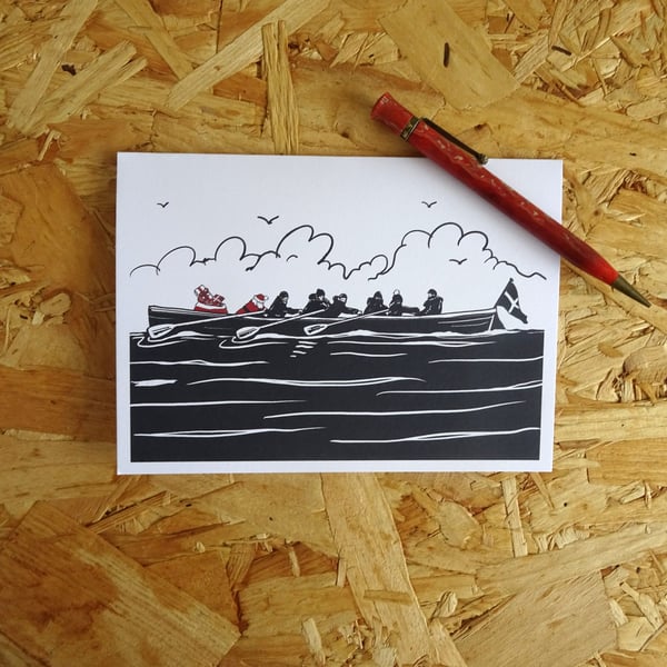 Gig Rowers Christmas Card - rowing, Cornish pilot gig, Cornwall, Xmas row