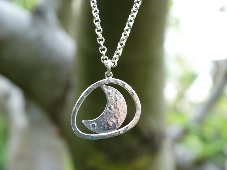Eco Silver embossed crescent moon pebble pendant