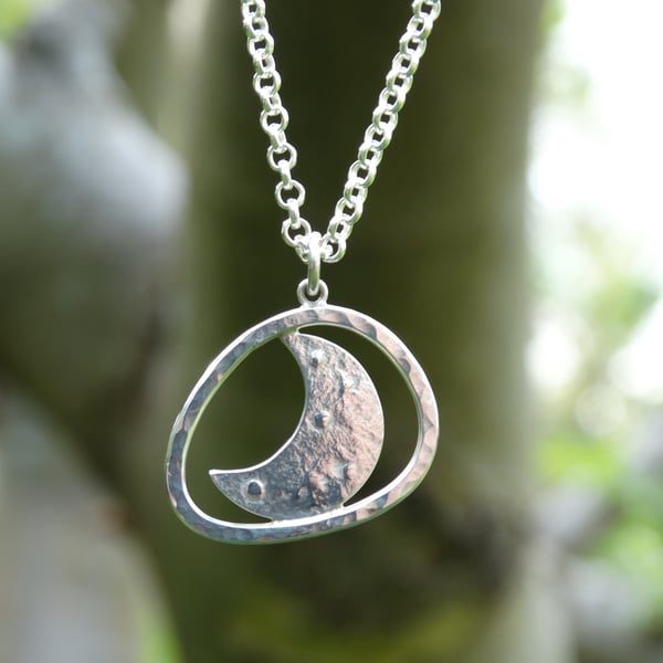 Eco Silver embossed crescent moon pebble pendant