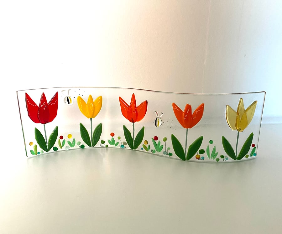Tulips fused glass stand up wave ornament 