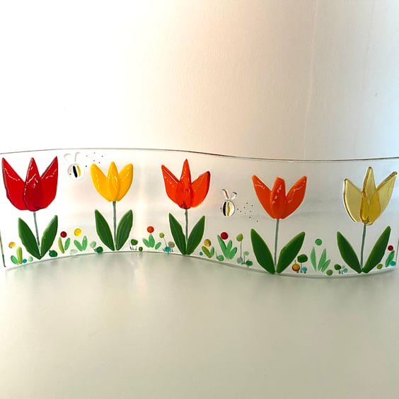 Tulips fused glass stand up wave ornament 