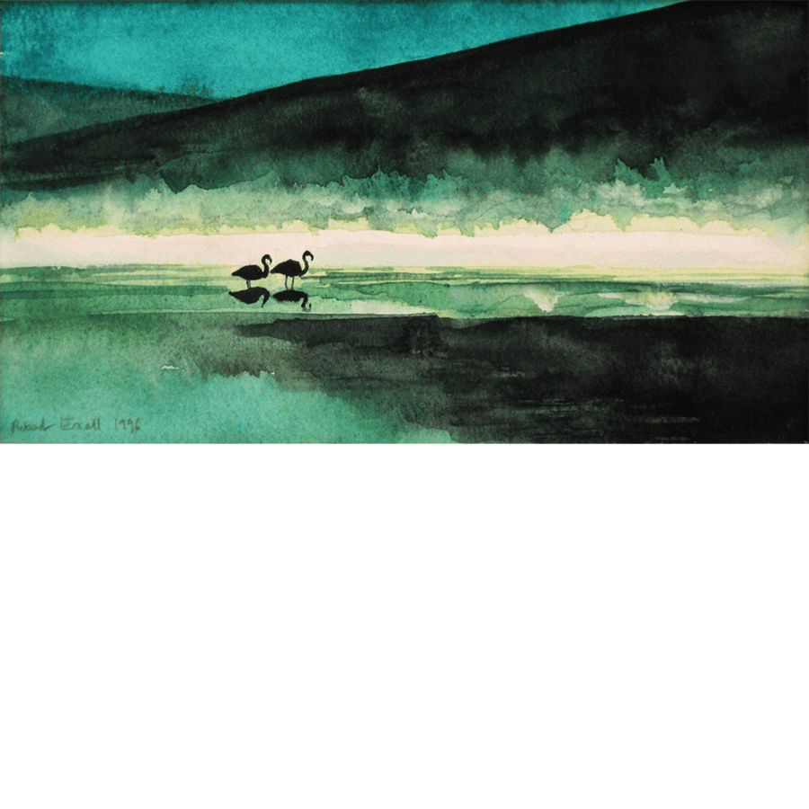 Two flamingoes. Original watercolour painting. Signed by the artist