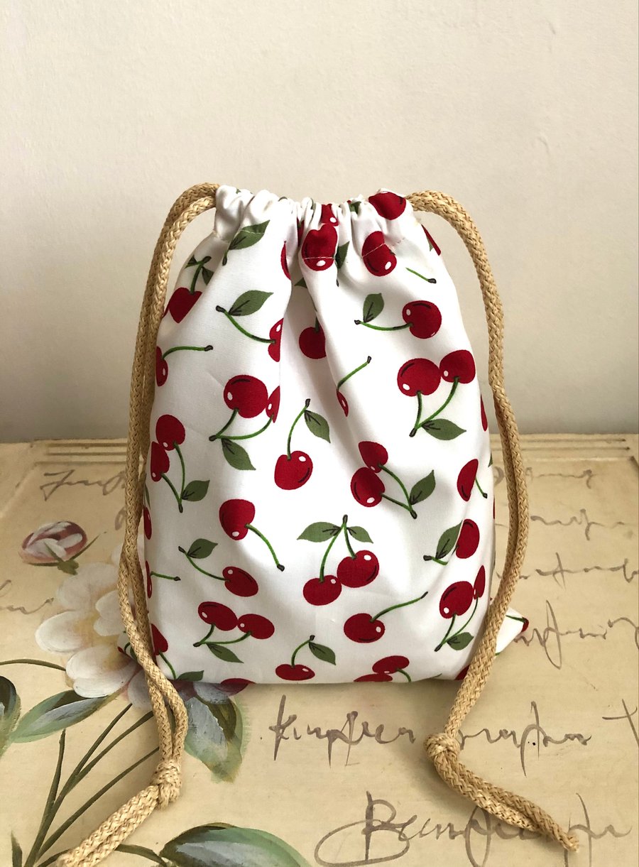 Small Drawstring bag in a beautiful cherry design.