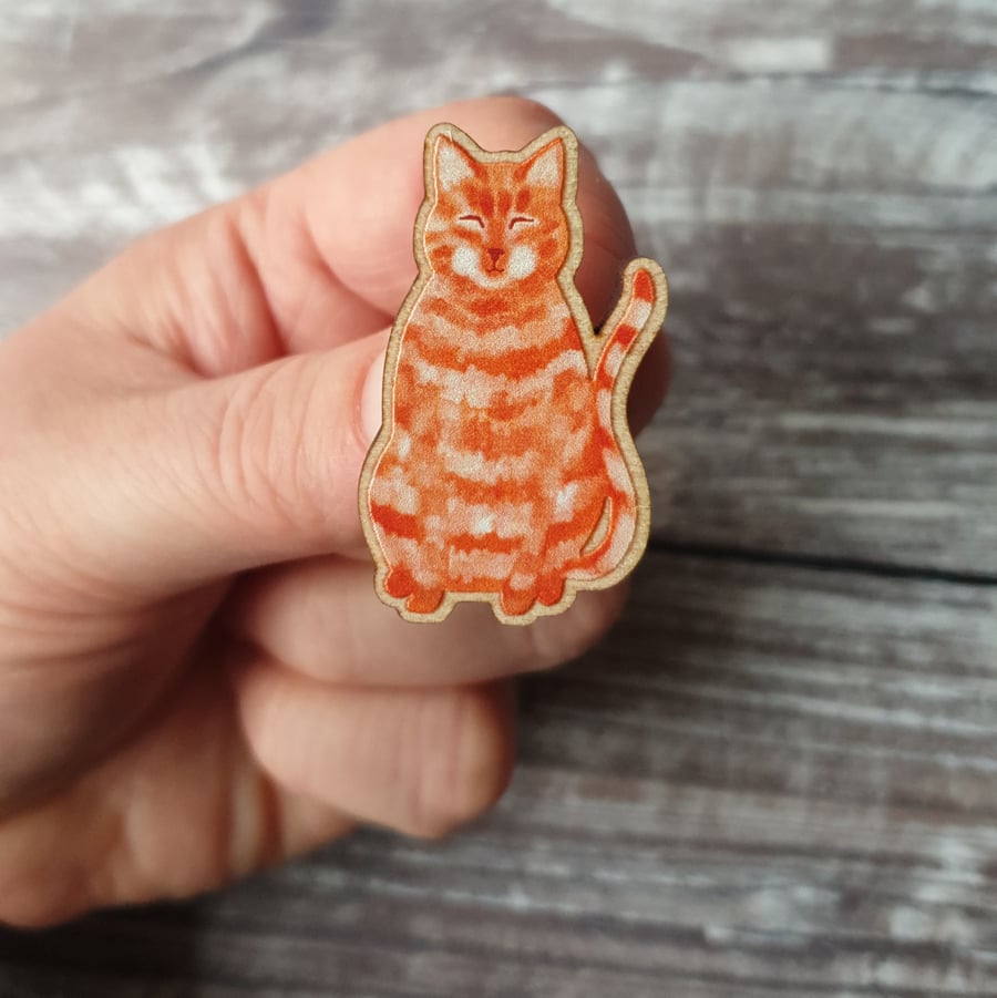 Ginger Cat Wooden Pin Brooch
