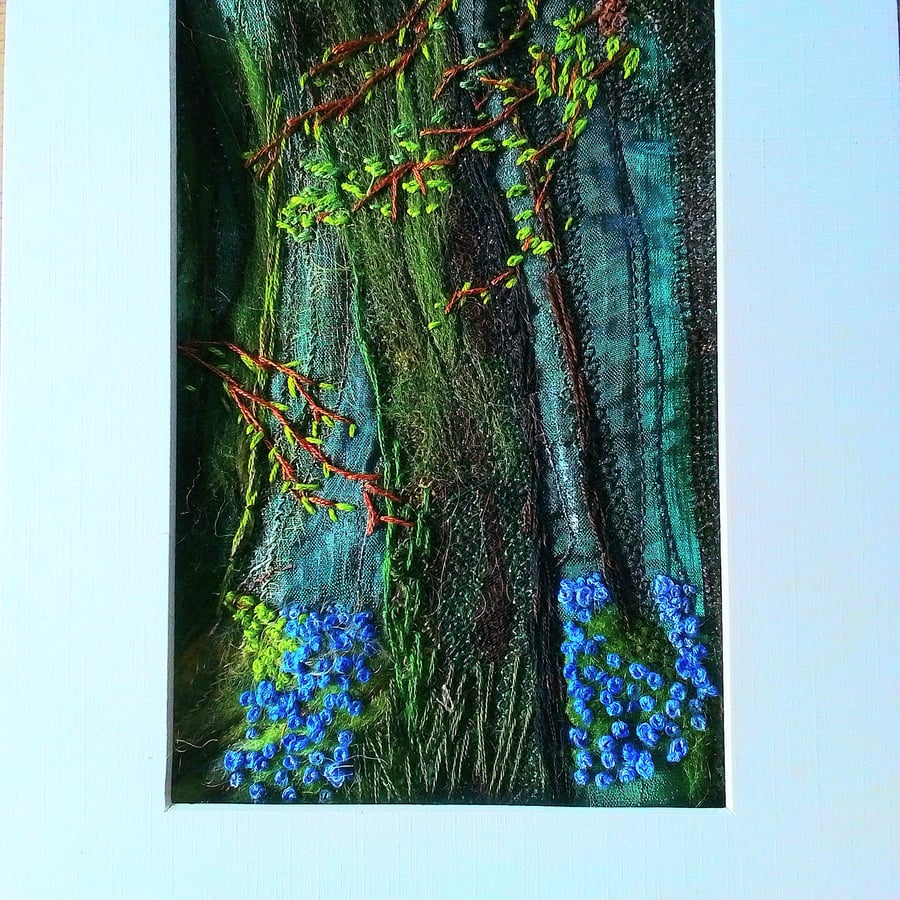 Woodland with bluebells textile embroidered picture 