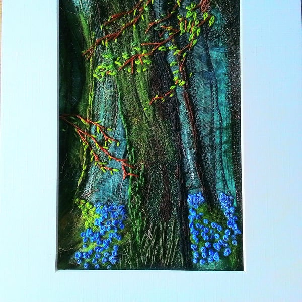 Woodland with bluebells textile embroidered picture 