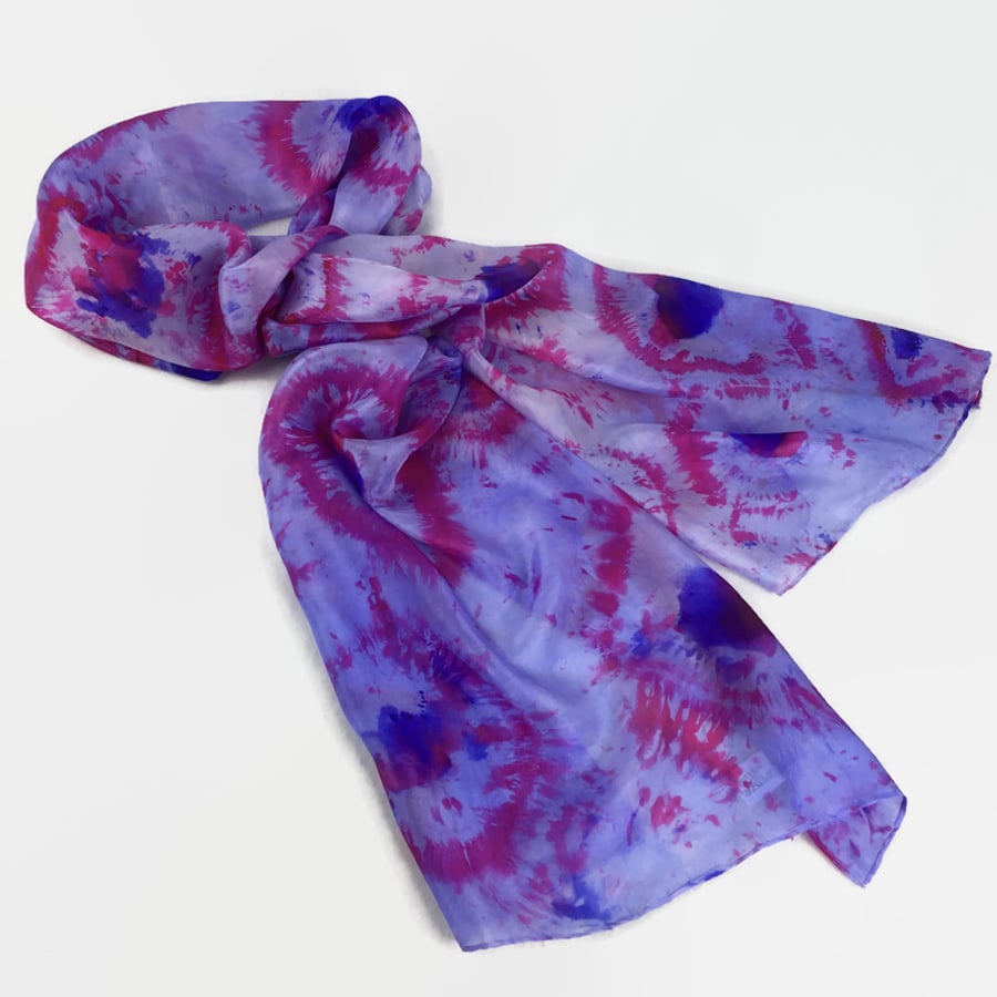 Hand dyed silk scarf in purple and pink
