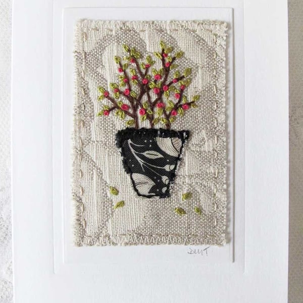 HAND EMBROIDERED GREETING CARD POT PLANT SPRING SUMMER