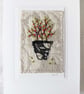 HAND EMBROIDERED GREETING CARD POT PLANT SPRING SUMMER - Image 1