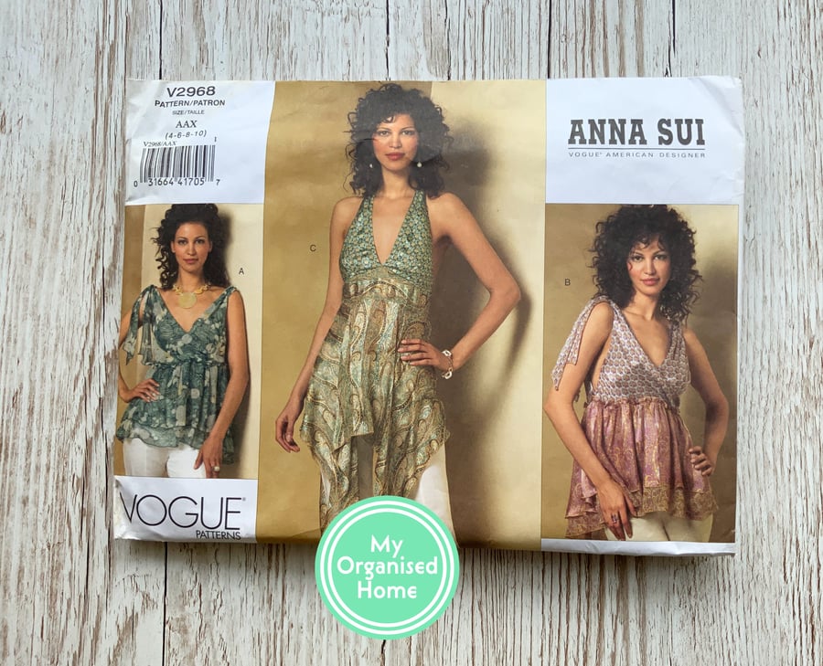Vogue 2968 sewing pattern, sizes 4-10, misses floaty tops, Anna Sui pattern