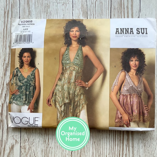 Vogue 2968 sewing pattern, sizes 4-10, misses floaty tops, Anna Sui pattern