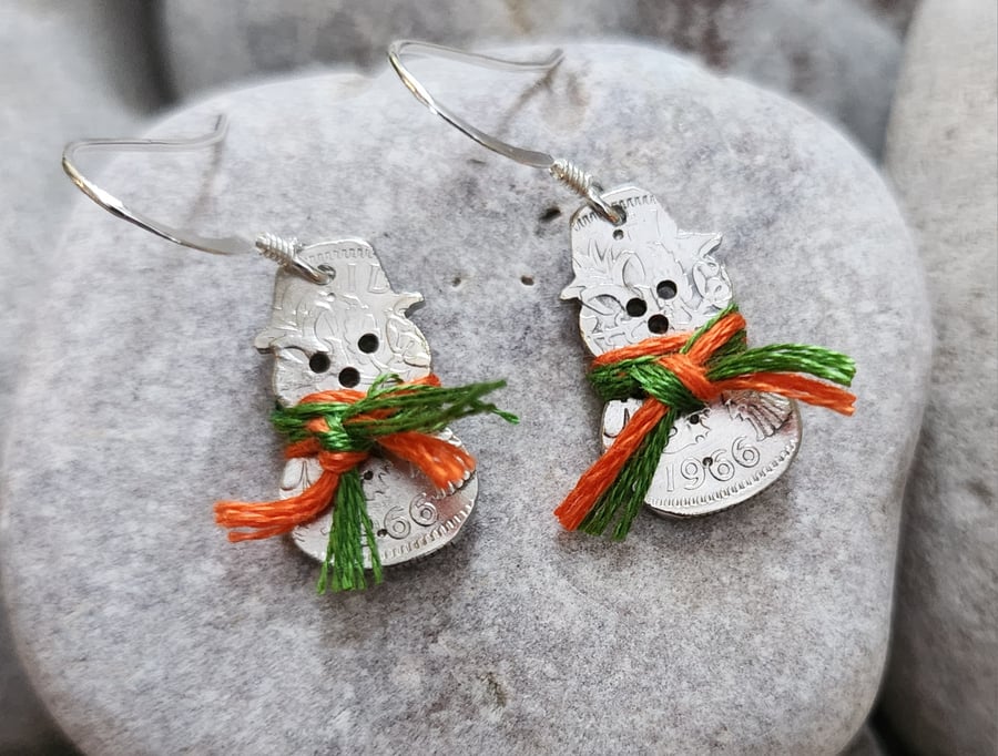 Snowman earrings handcut from sixpences with sterling silver ear hooks